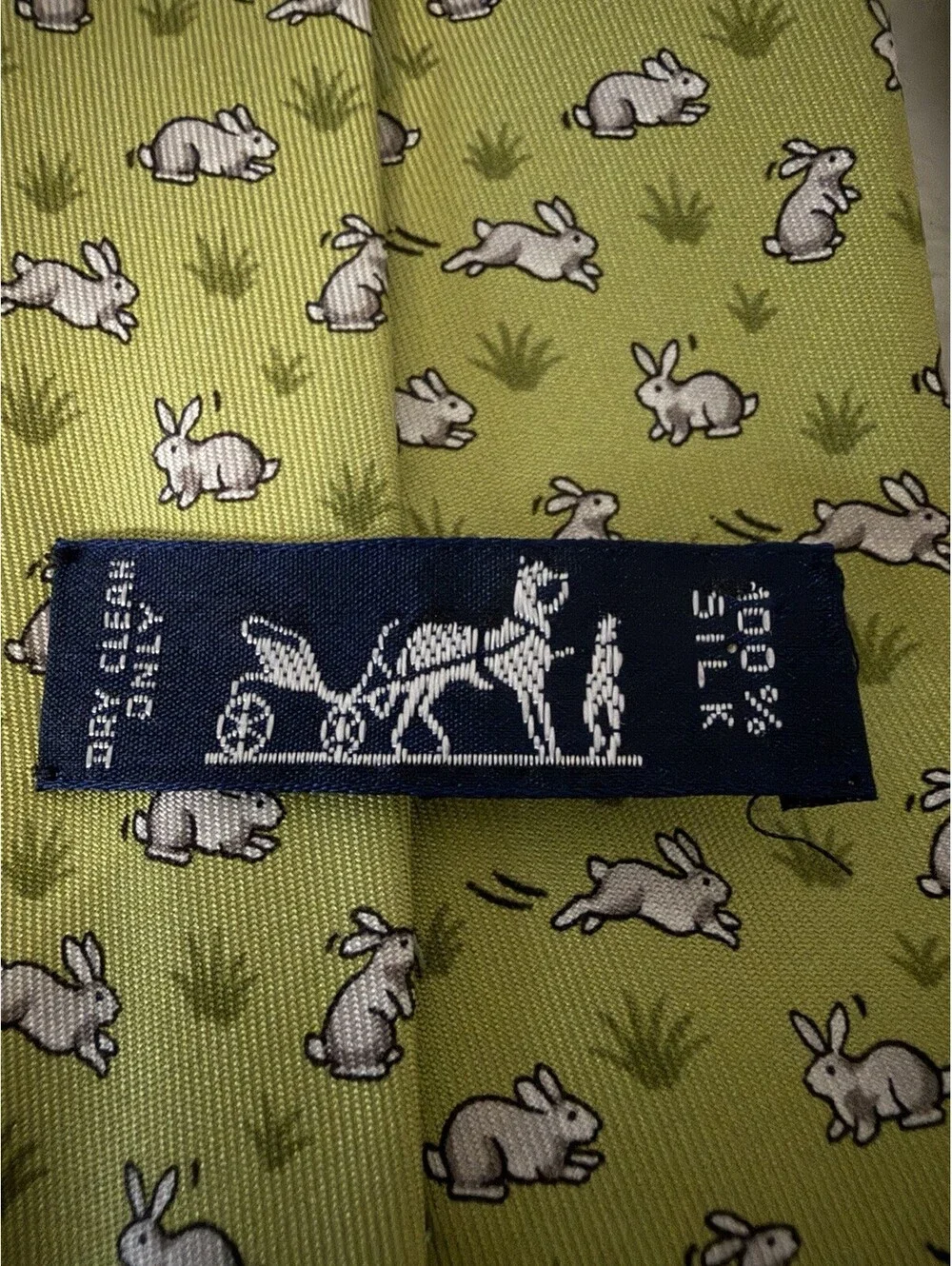 Hermès Paris Tie Green Silk Rabbit Bunny Print 5459 FA Made in France Vtg